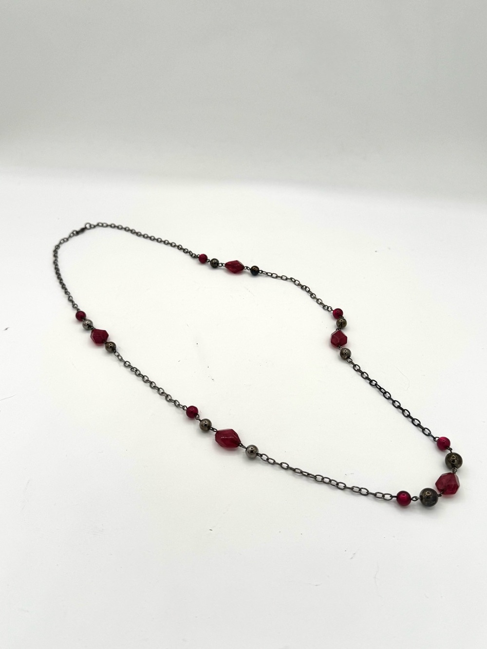 1928 Oxidized Chain Necklace with Red Bead Stations